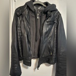 BOD & CHRISTENSEN Black Leather Jacket with charcoal grey detachable hoodie